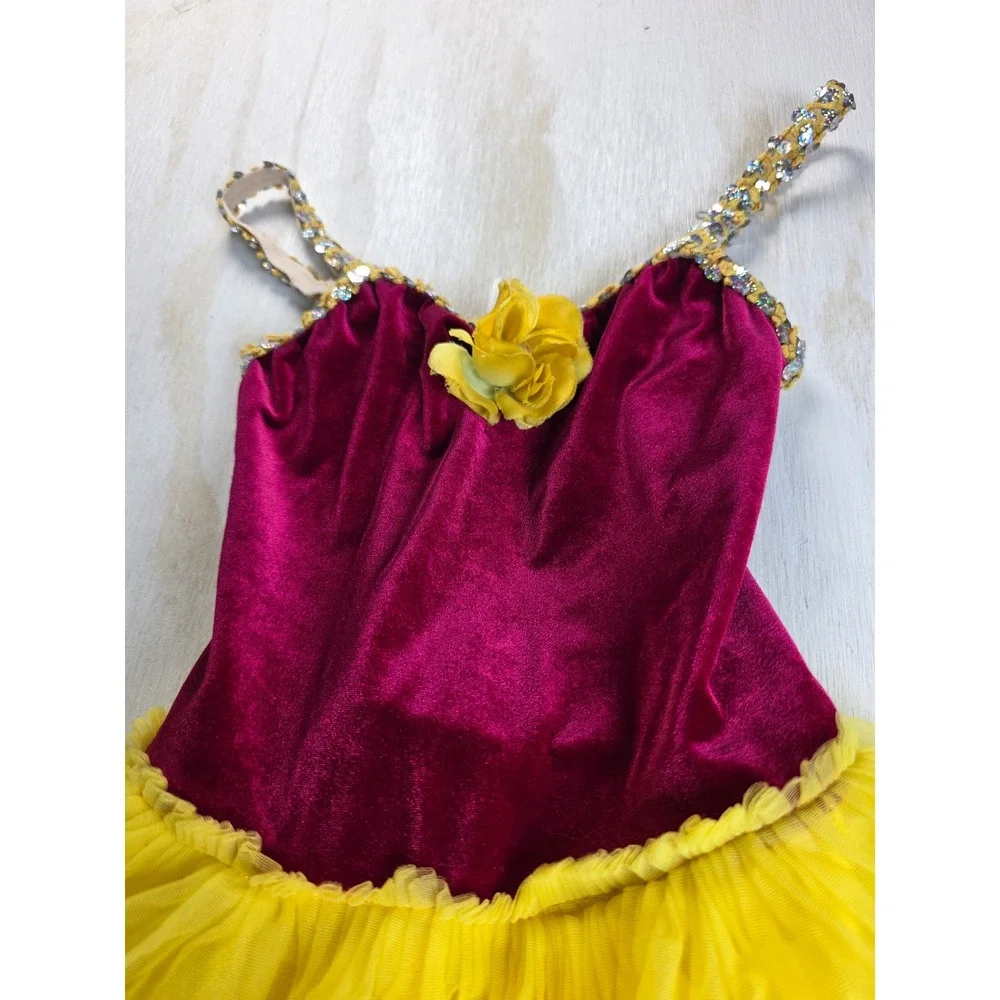 Kids Dance Tutu Leotard Dress Velvet Sequin Fairy Ballet Costume Magenta Yellow